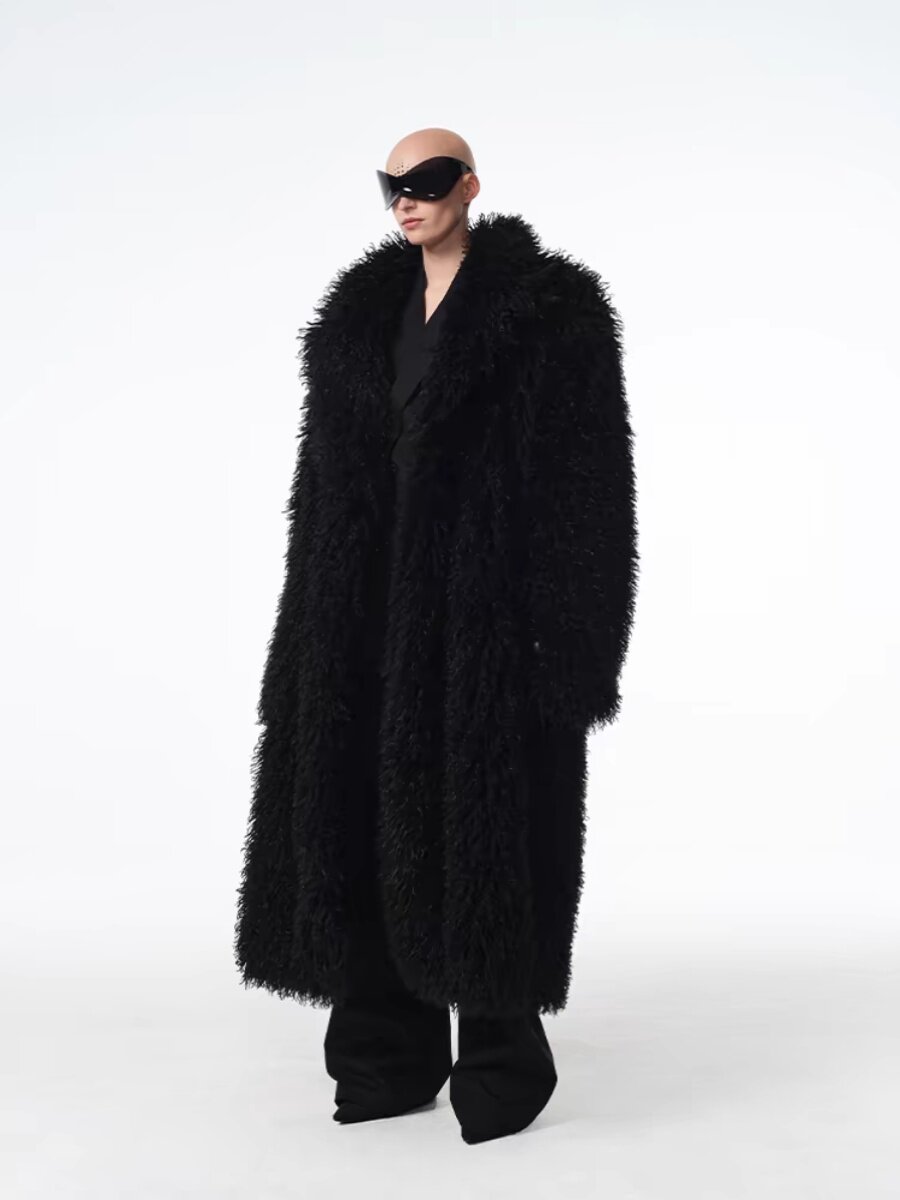 MENS AUTUMN AND WINTER LAMB FUR COAT BEACH WOOL LONG COAT PERSONALITY EUROPEAN AND AMERICAN STYLE TOKA ROLL WOOL WINDBREAKER