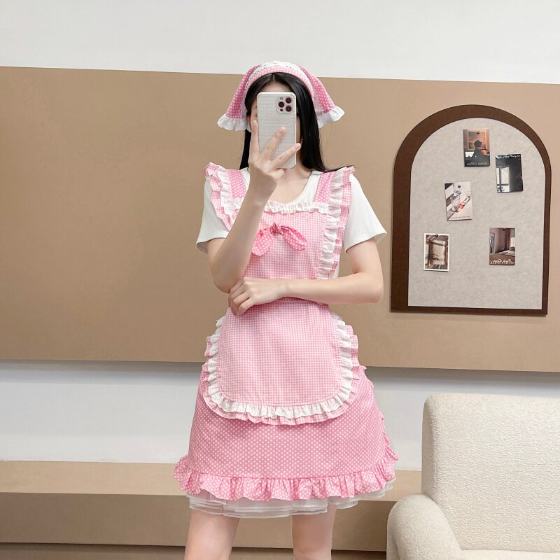 日式女仆格子波点荷叶边可爱洛丽塔围裙厨房个性烘焙餐厅工作服