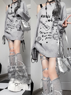 小兔刺客原创新款次元唱片亚文化露肩破洞宽松甜酷抽绳毛衣