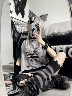 小兔刺客原创来电小猫连帽短袖宅系亚文化二次元插肩袖宽松t恤