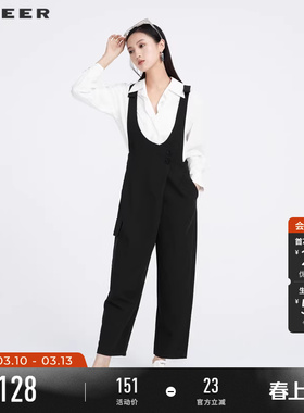 sdeer圣迪奥春装女装休闲拼接宽松背带裤长裤S221Z1005