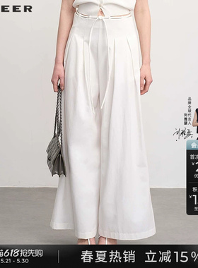 sdeer圣迪奥夏季女装OL风高腰系带插袋莱赛尔白色阔腿裤S25280806