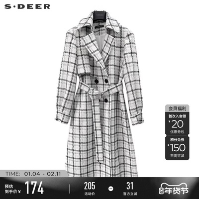 sdeer英伦风翻领格纹收腰大衣