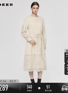 sdeer圣迪奥秋冬装女装优雅圆领收腰绣花网纱连衣裙S244Z1206
