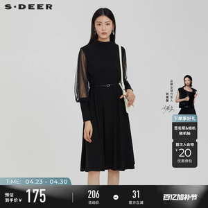 sdeer圣迪奥女装春半高领收腰网纱针织长袖连衣裙长款S231Z1238