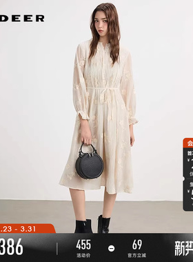 sdeer圣迪奥女装春秋装圆领风琴褶收腰绣花连衣裙S253Z1293