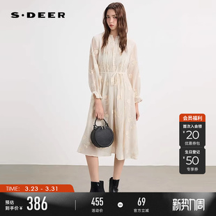 sdeer圣迪奥女装春秋装圆领风琴褶收腰绣花连衣裙S253Z1293