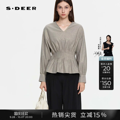 sdeerOL风V领压褶落肩袖衬衫