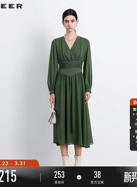 sdeer圣迪奥春秋装女装V领压褶垂坠雪纺长袖连衣裙S233Z12P8