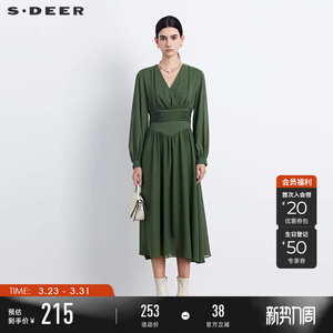 sdeer圣迪奥春秋装女装V领压褶垂坠雪纺长袖连衣裙S233Z12P8