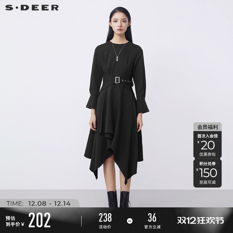 s.deer女装圆领收腰长袖连衣裙