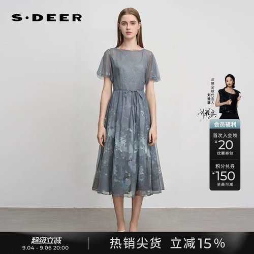 s.deer圆领印花网纱泡泡袖连衣裙