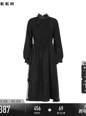 sdeer圣迪奥冬季女装木耳边圆领风琴褶网纱格纹连衣裙S234Z12F4