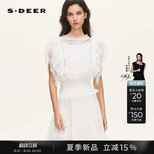 sdeer圣迪奥26年夏季新品圆领花边松紧网纱拼接短袖上衣S262Z3213