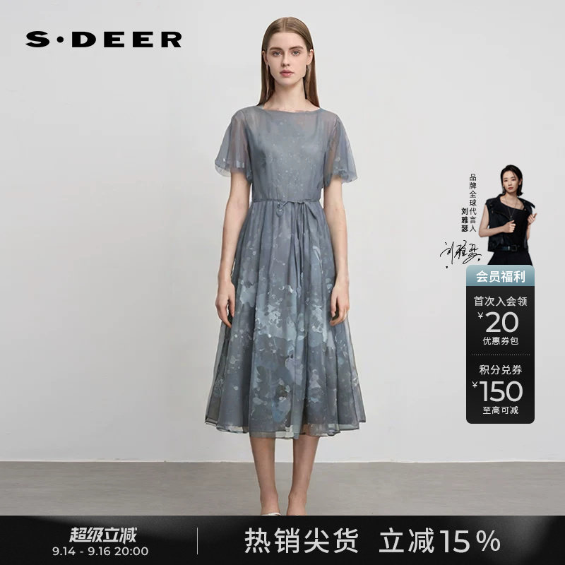 s.deer圆领印花网纱泡泡袖连衣裙图片