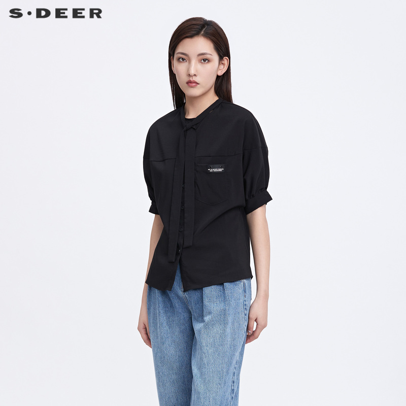 sdeer圣迪奥女夏装系带立领撞色字母不规则黑色短袖衬衫S2228040