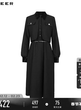sdeer圣迪奥春装女装法式翻领收腰假两件拼接连衣裙S241Z1214