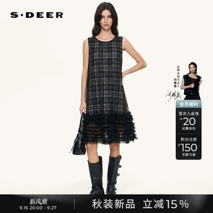 sdeer圣迪奥女装26秋新款圆领撞色印花网纱无袖连衣裙S263Z1209