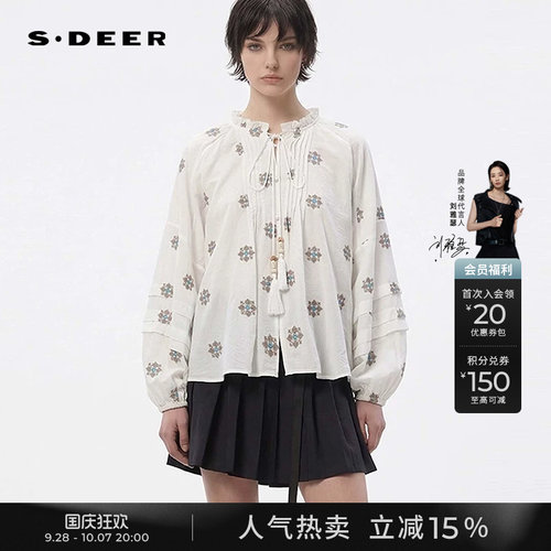 sdeer木耳边圆领压褶绣花长上衣