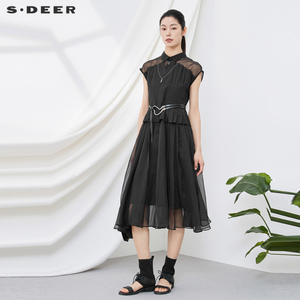 sdeer圣迪奥小黑裙女夏季网纱设计感抽褶收腰衬衫连衣裙S22281247