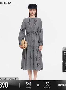 sdeer圣迪奥女装春秋装复古圆领绣花网纱格纹连衣裙S253Z1270