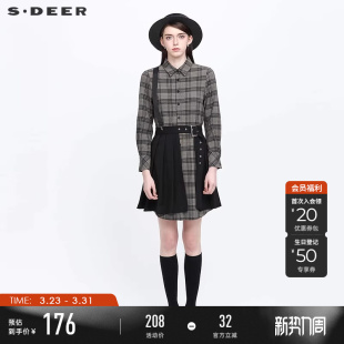 连衣裙S21381201 长袖 sdeer圣迪奥春秋装 学院风翻领格纹拼接衬衫