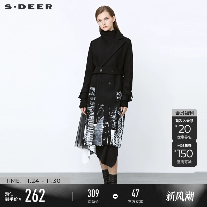 sdeer不规则双排扣网纱印花毛呢
