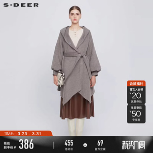 sdeer圣迪奥冬装 廓形毛呢大衣S224Z2503 女连帽收腰泡泡袖