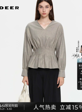 sdeer圣迪奥女装春秋装OL风V领压褶落肩袖衬衫S253Z0534