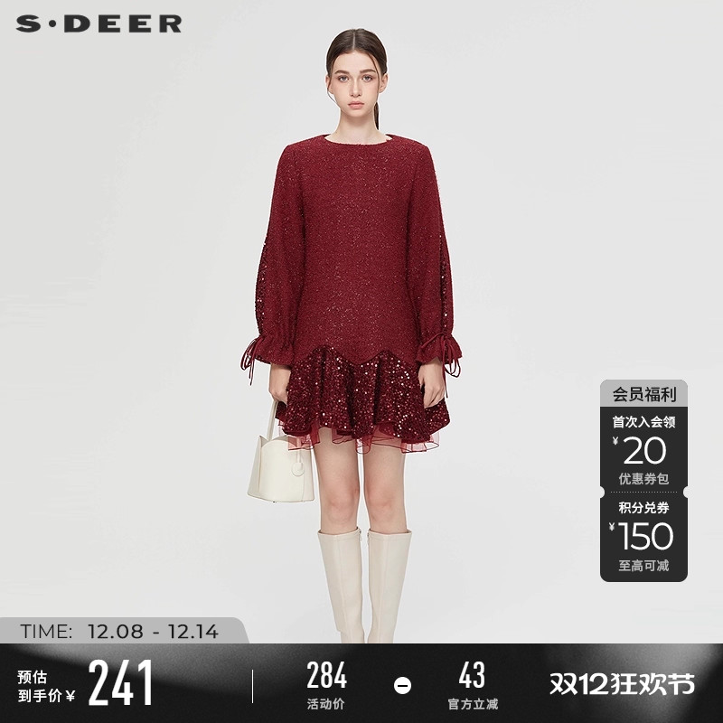 sdeer复古系带网纱亮片毛呢外套