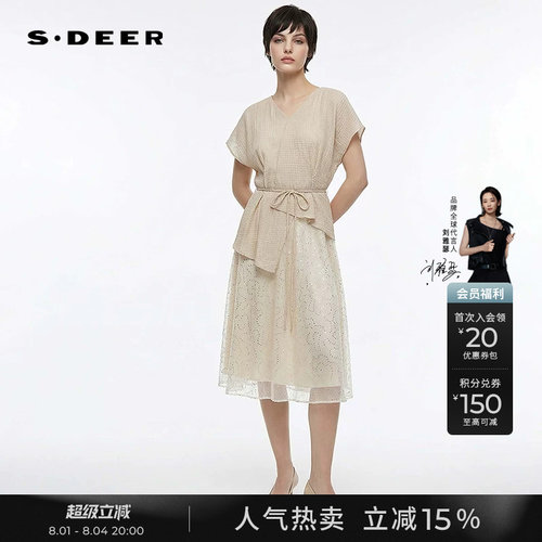 sdeer复古V领收腰网纱短袖连衣裙