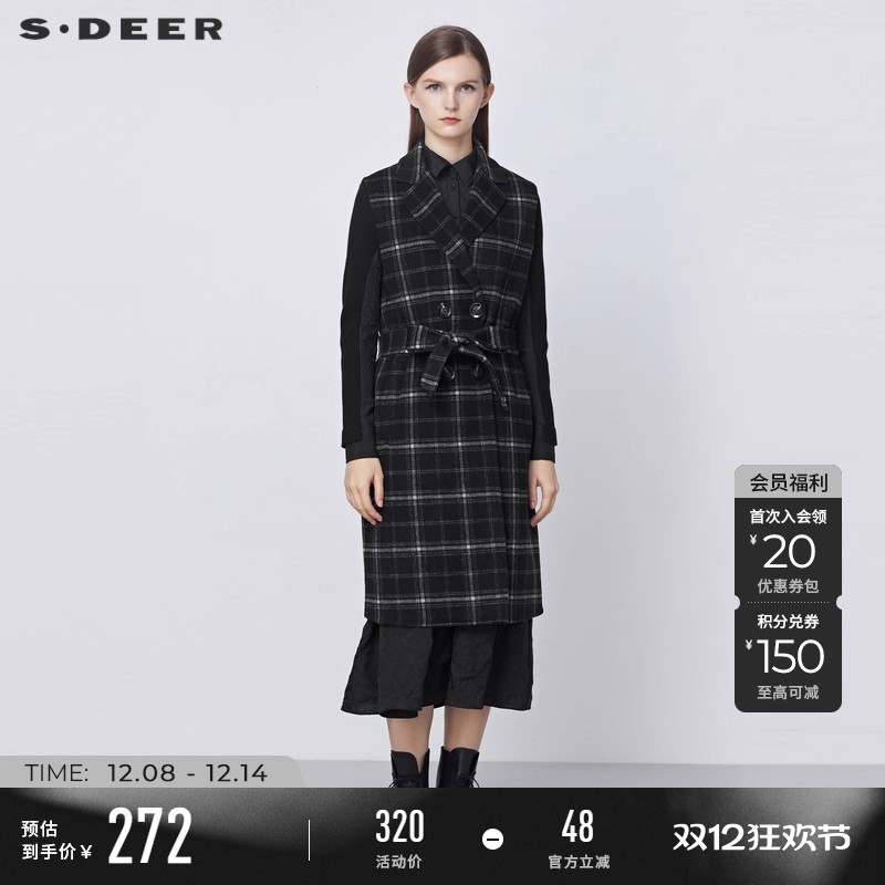 sdeer撞色格纹收腰长款毛呢马甲