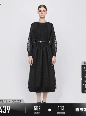 sdeer圣迪奥冬季女装圆领风琴褶收腰印花网纱连衣裙S244Z1263