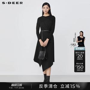 sdeer圣迪奥冬装女装圆领收腰长袖黑色连衣裙S21481222