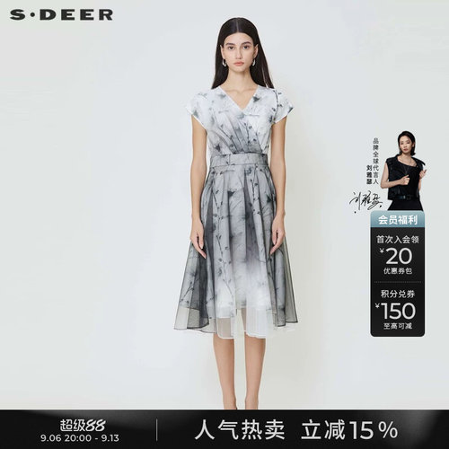 s.deer文艺水墨风网纱连衣裙