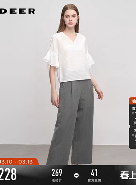 sdeer圣迪奥夏装女装田园风V领网纱喇叭袖衬衫S242Z0456