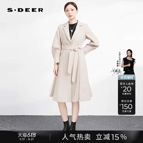 sdeer收腰网纱泡泡袖长款风衣
