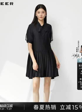 sdeer圣迪奥夏季女装小黑裙学院风系带网纱衬衫连衣裙S232Z12L8
