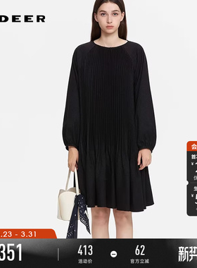 sdeer圣迪奥女装春秋装时尚圆领风琴褶插肩袖连衣裙S253Z1253