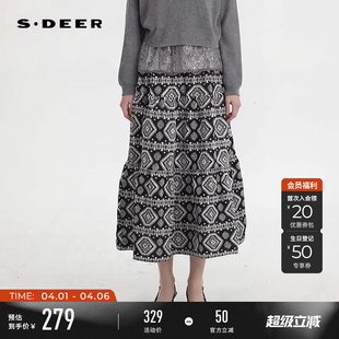 复古松紧高腰印花撞色A字伞裙S251Z1104 sdeer圣迪奥女装