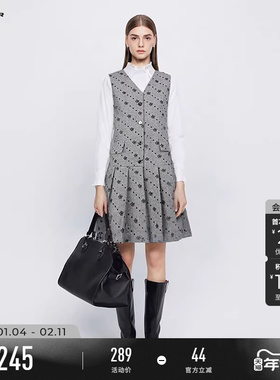 sdeer圣迪奥冬季女装学院风V领印花毛呢无袖连衣裙S244Z1289