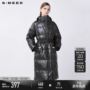 sdeer圣迪奥冬季 羽绒服女S21482429 休闲连帽收腰黑色长款