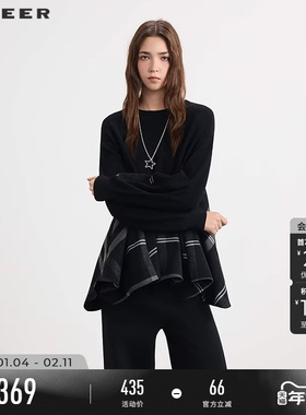 s.deer圣迪奥女装春秋装罗纹圆领撞色格纹宽松针织衫S253Z3521