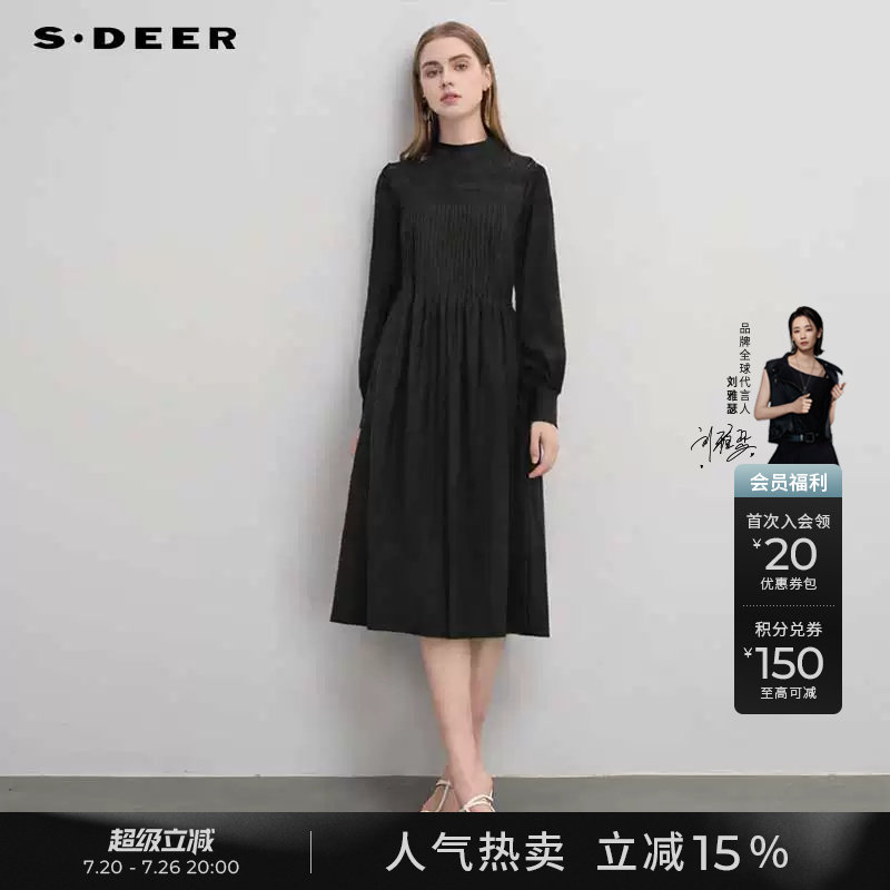 sdeer圣迪奥春秋装女装圆领肌理压褶灯笼袖黑色连衣裙S241Z1246