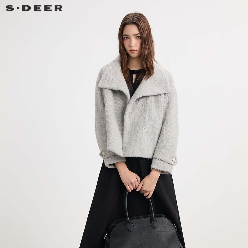 sdeer时尚立领插袋短款呢大衣