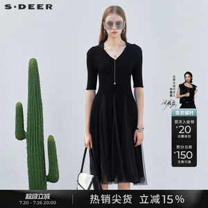 sdeer圣迪奥夏季女装V领修身网纱短袖针织黑色连衣裙S232Z12BP