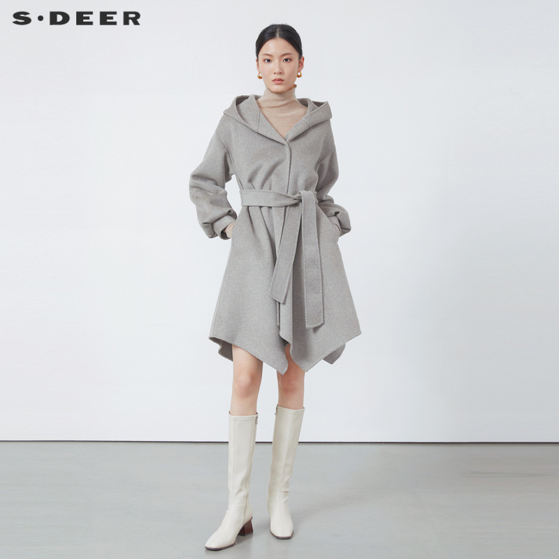 sdeer长款泡泡袖绵羊毛毛呢大衣