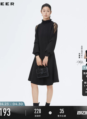 sdeer圣迪奥春装网纱赫本风拼接气质长袖显瘦连衣裙女S221Z1276