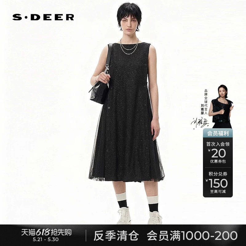 sdeer圣迪奥女装复古圆领网纱拼接宽松无袖连衣裙S244Z12