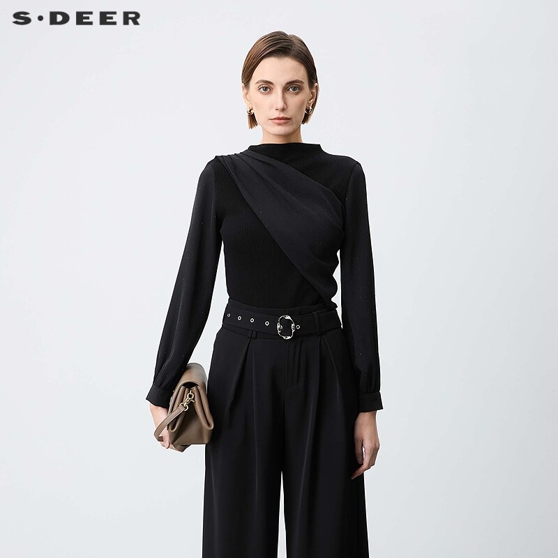 sdeer圣迪奥秋装女装时尚半高领雪纺拼接长袖上衣S243Z2209